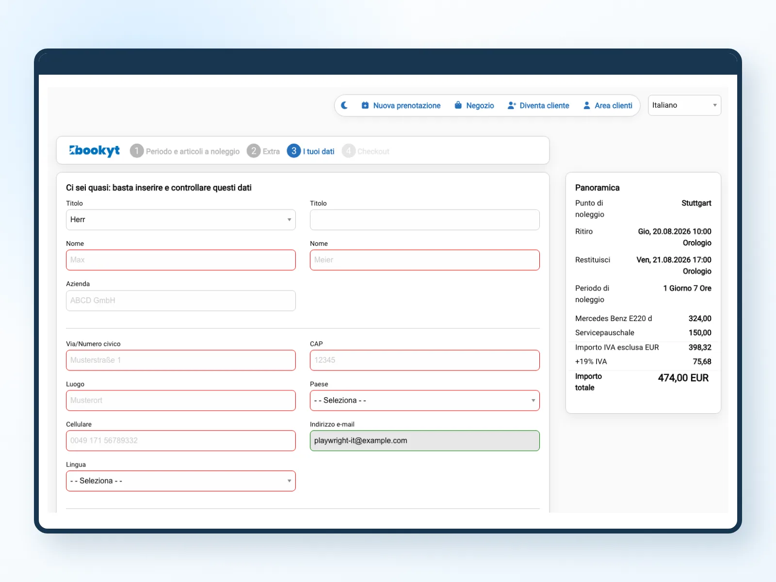 Dati del cliente e riepilogo della prenotazione prima del checkout nella prenotazione online Bookyt