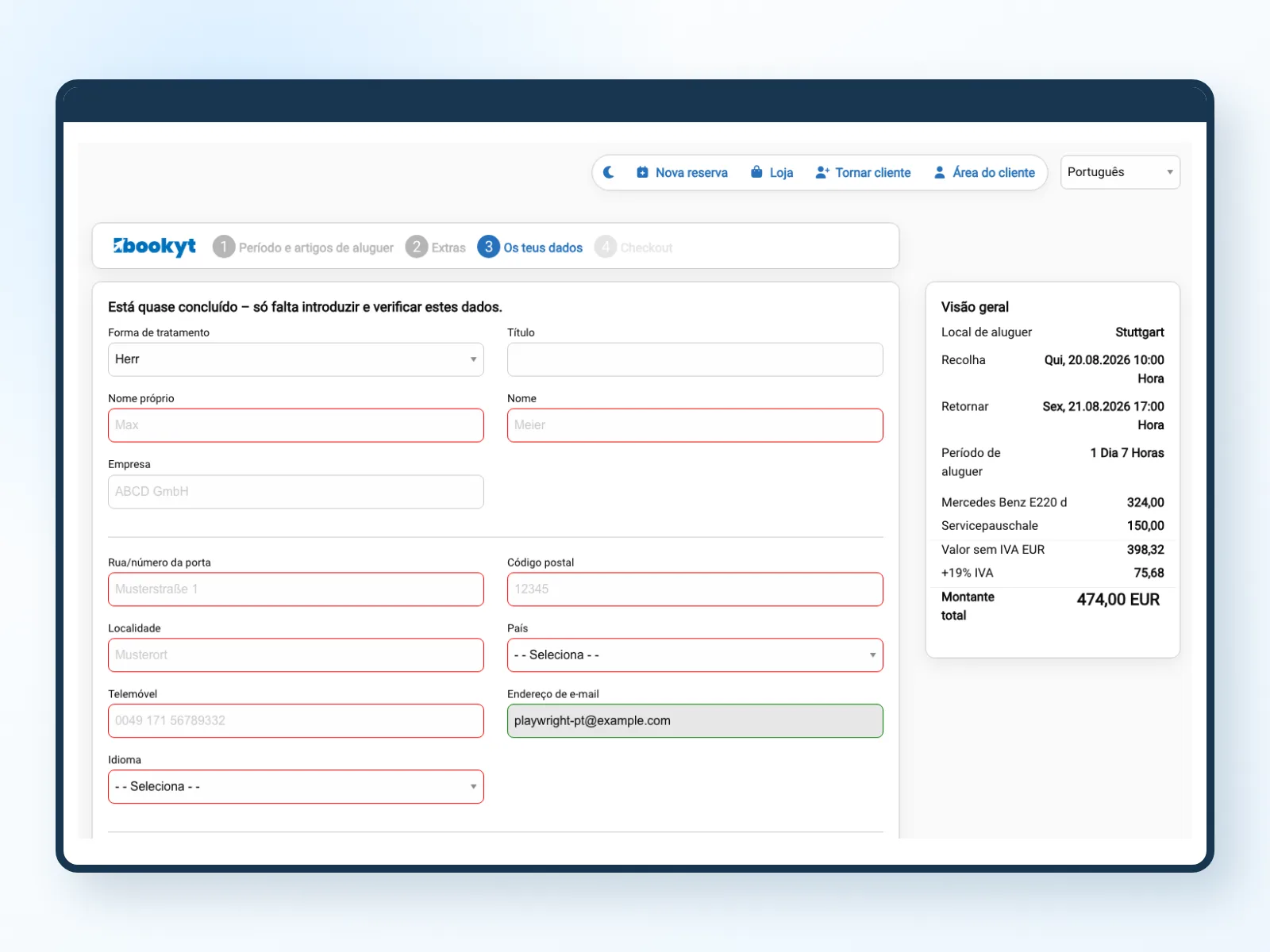 Dados do cliente e resumo da reserva antes da finaliza&ccedil;&atilde;o na reserva online Bookyt