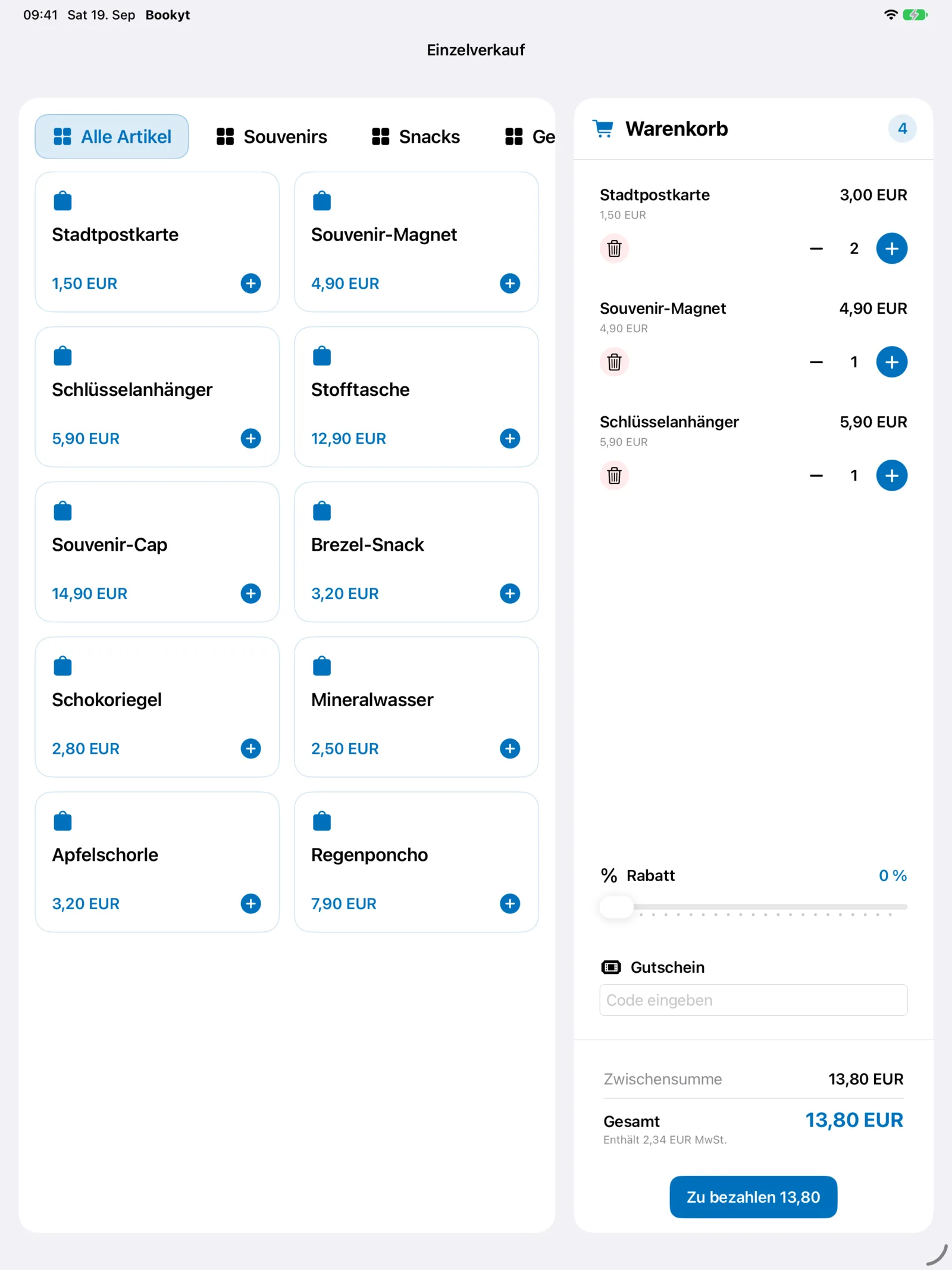 Bookyt Kassensystem auf dem iPad: Artikel und Warenkorb nebeneinander