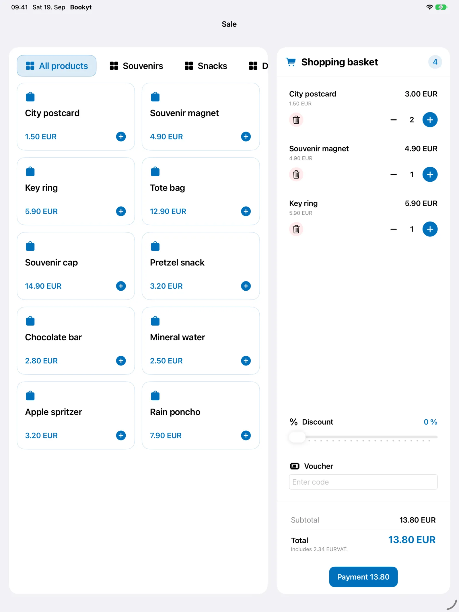 Bookyt POS on iPad with products and basket side by side