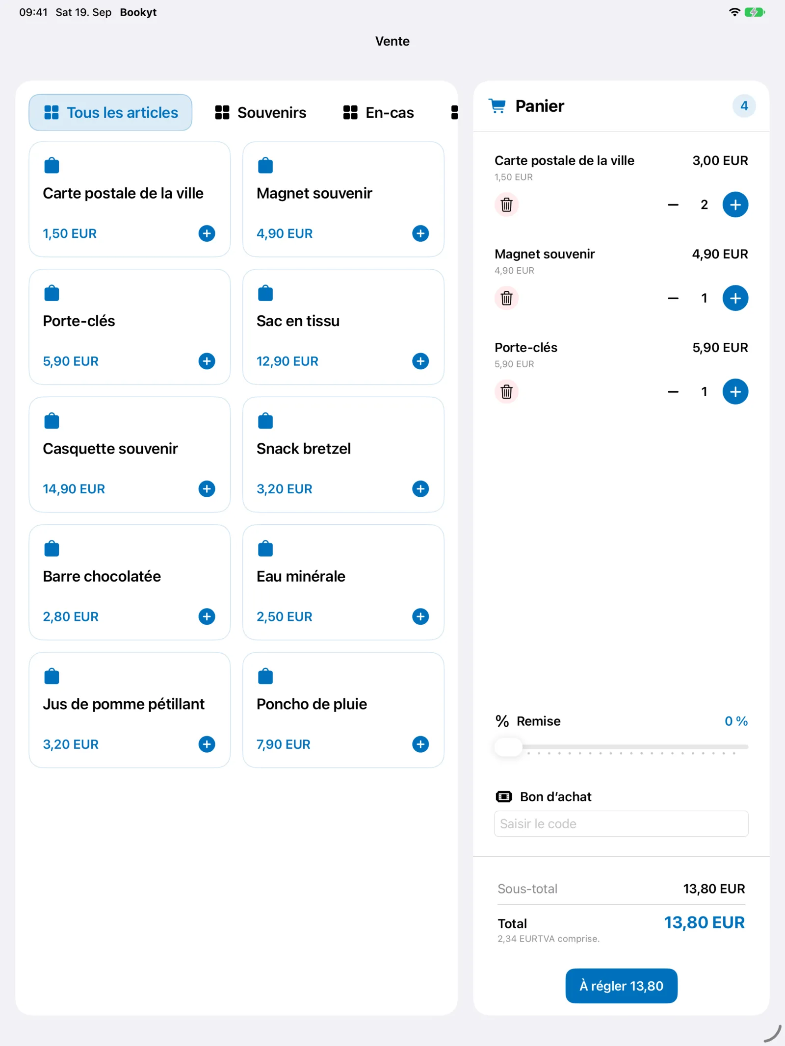 Caisse Bookyt sur iPad avec articles et panier c&ocirc;te &agrave; c&ocirc;te