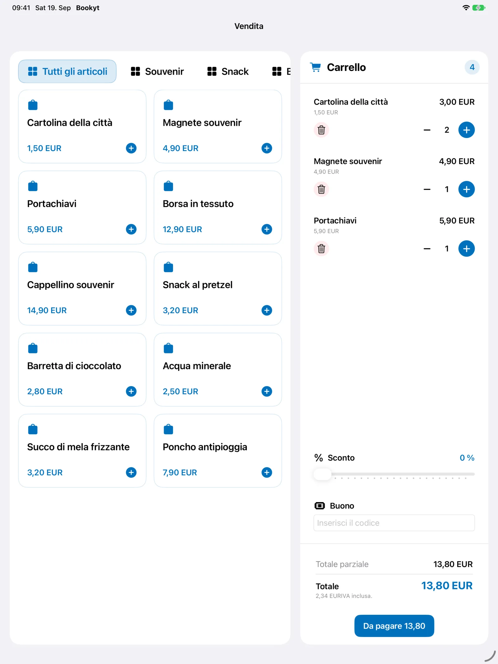 Cassa Bookyt su iPad con articoli e carrello affiancati