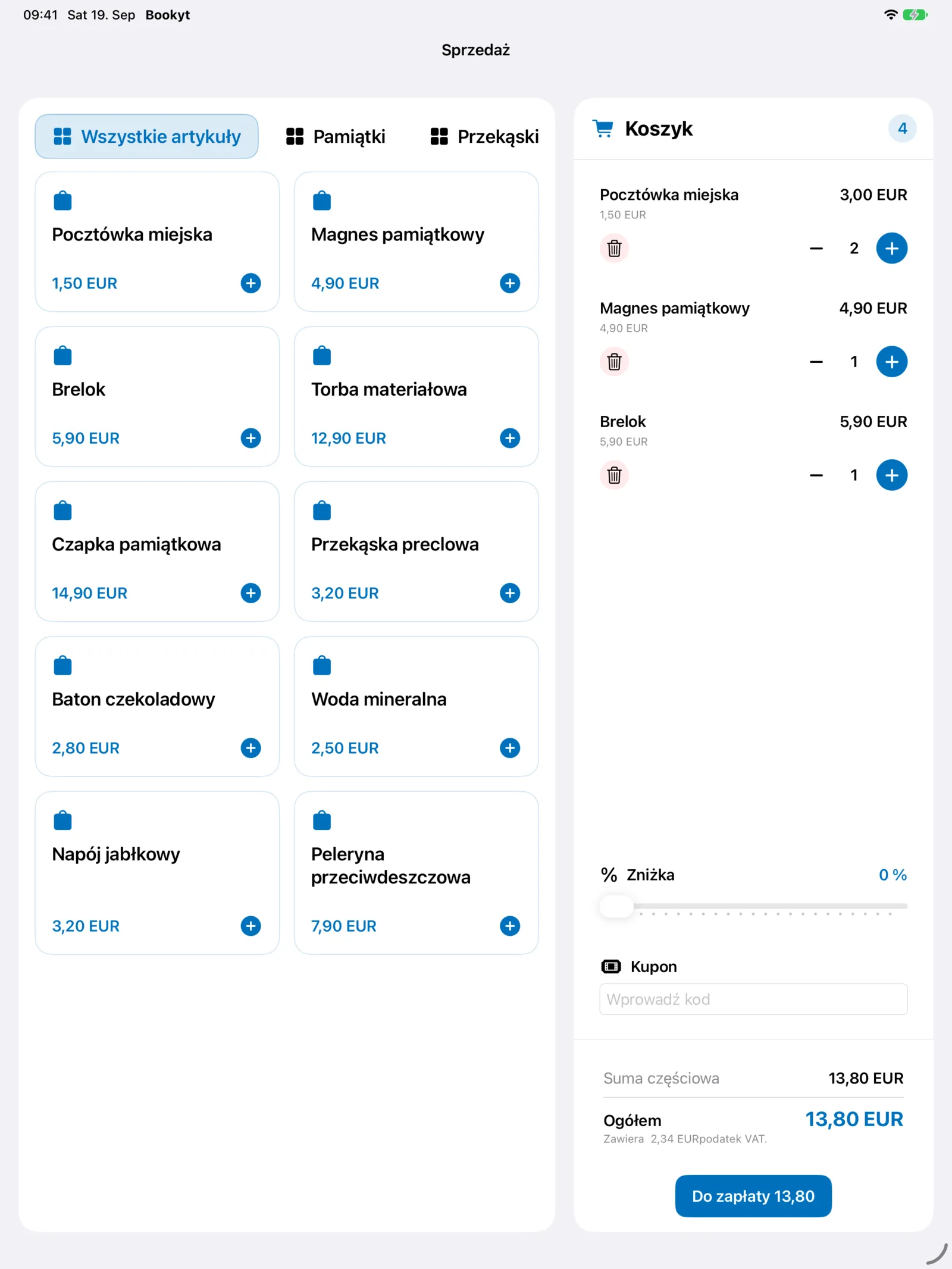 System POS Bookyt na iPadzie z artykułami i koszykiem obok siebie