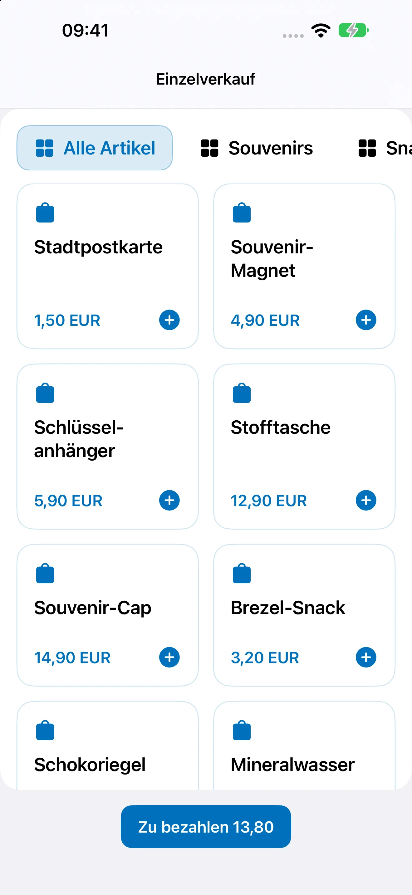 Bookyt Einzelverkauf auf dem iPhone mit Kategorien, Artikeln und Preisen