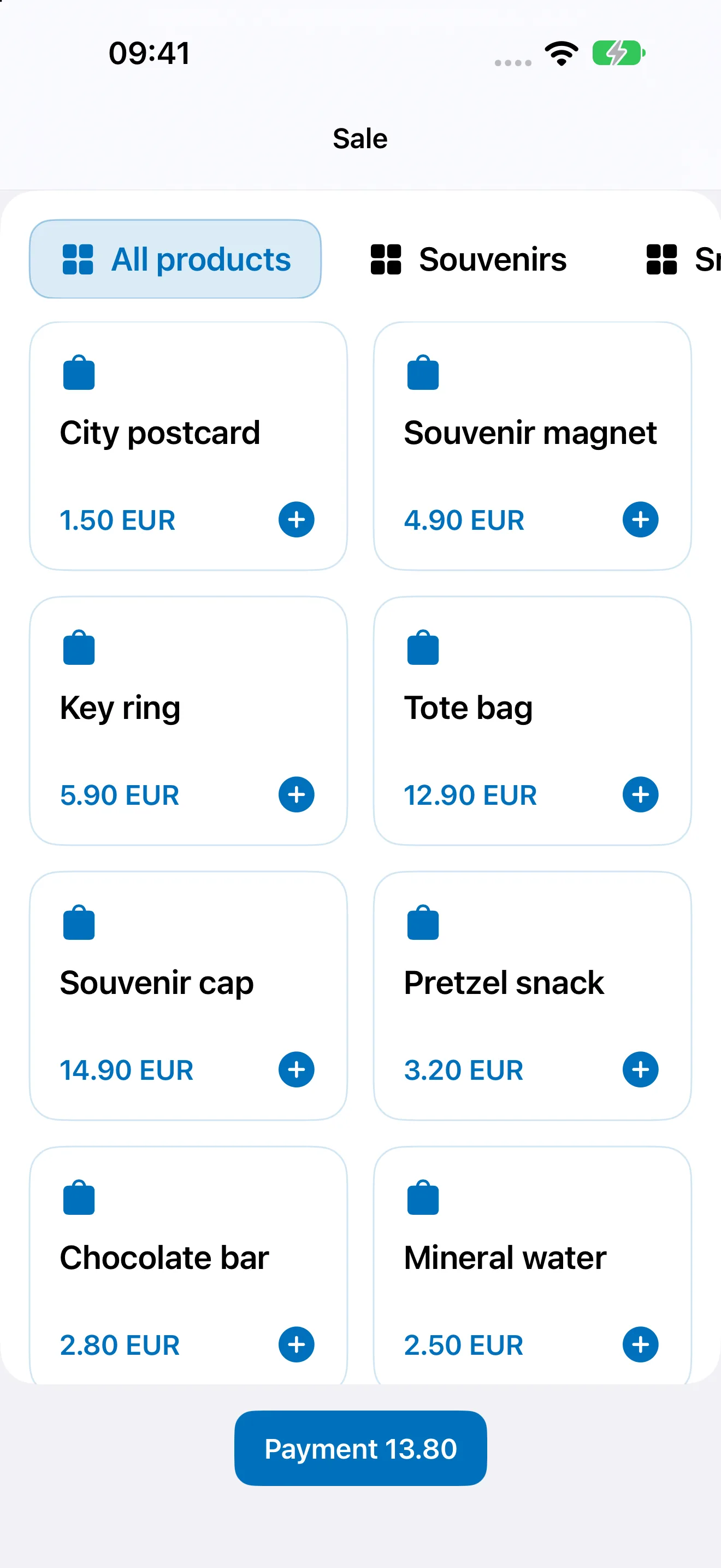 Bookyt product sales on iPhone with categories, items and prices