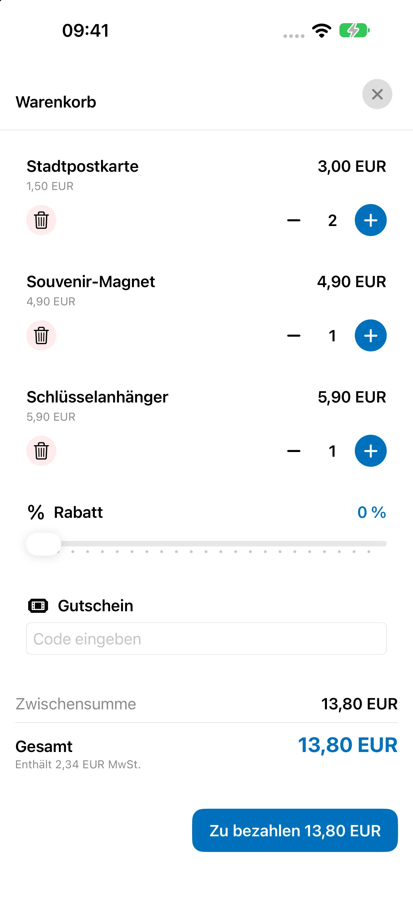 Bookyt Warenkorb auf dem iPhone mit Mengen, Rabatt, Gutschein und Gesamtbetrag