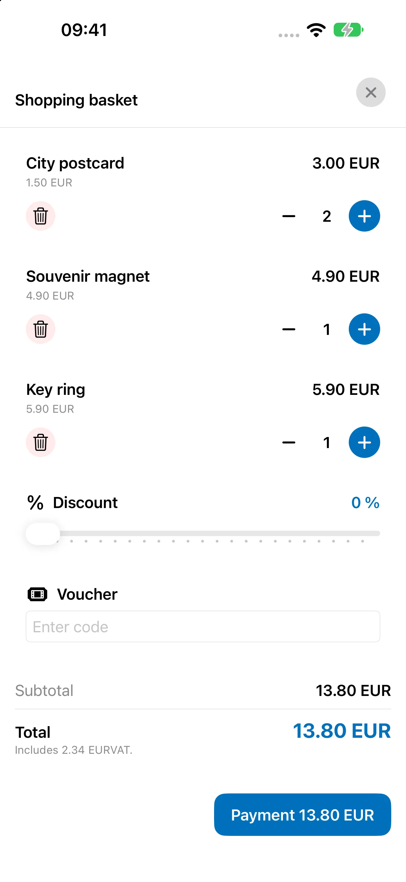 Bookyt basket on iPhone with quantities, discount, voucher and total