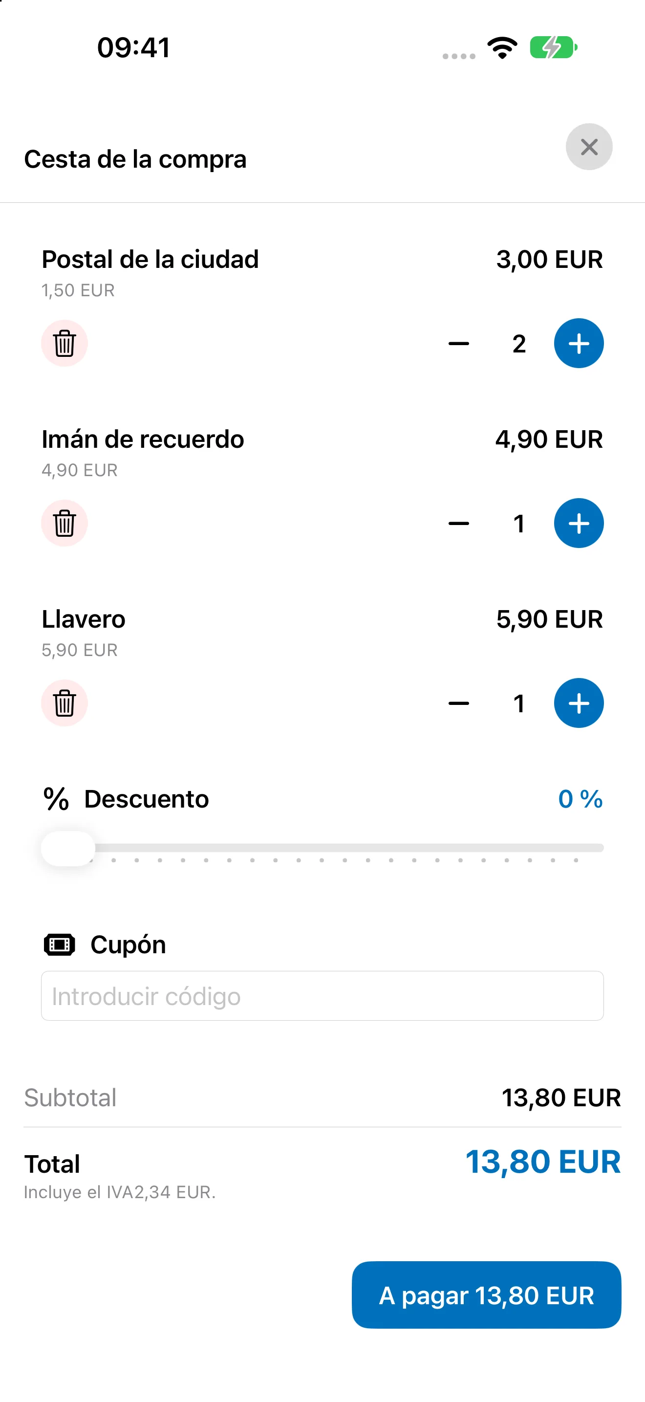 Carrito Bookyt en iPhone con cantidades, descuento, vale y total