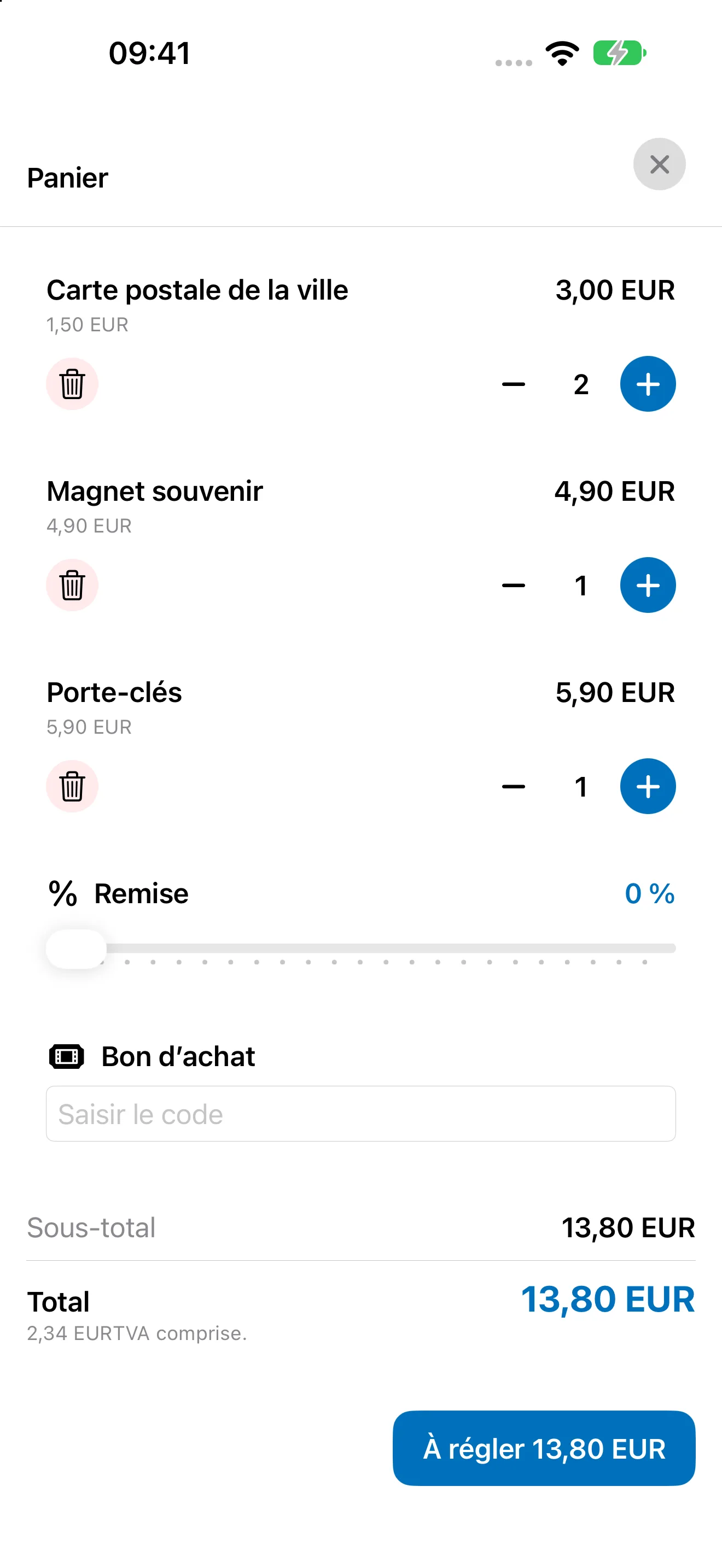 Panier Bookyt sur iPhone avec quantit&eacute;s, remise, bon d&rsquo;achat et total