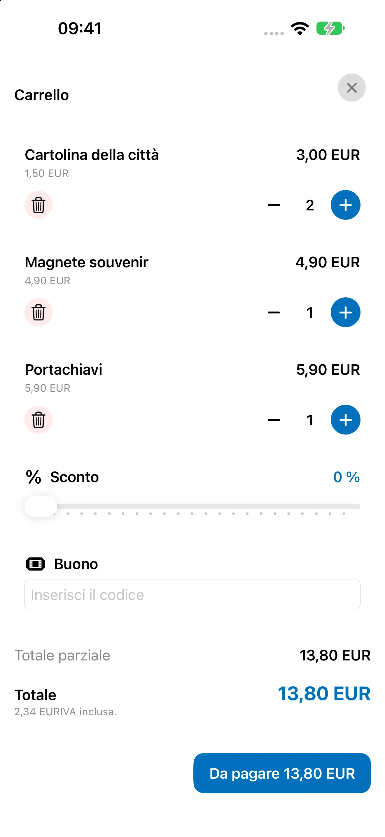 Carrello Bookyt su iPhone con quantit&agrave;, sconto, buono e totale