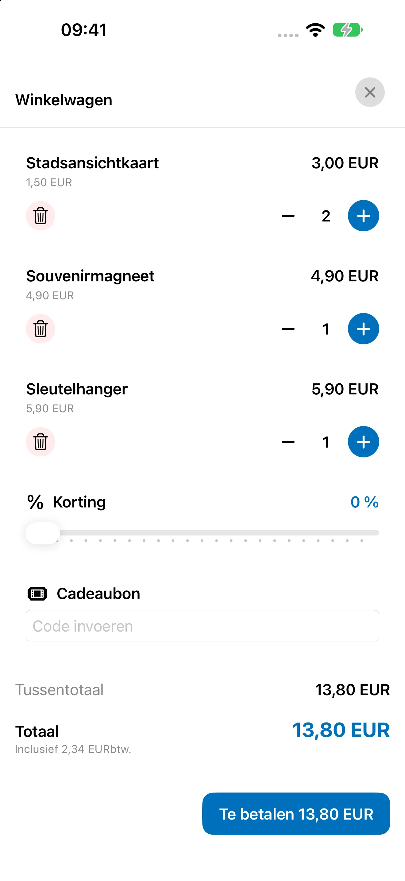 Bookyt-winkelmandje op iPhone met aantallen, korting, voucher en totaal