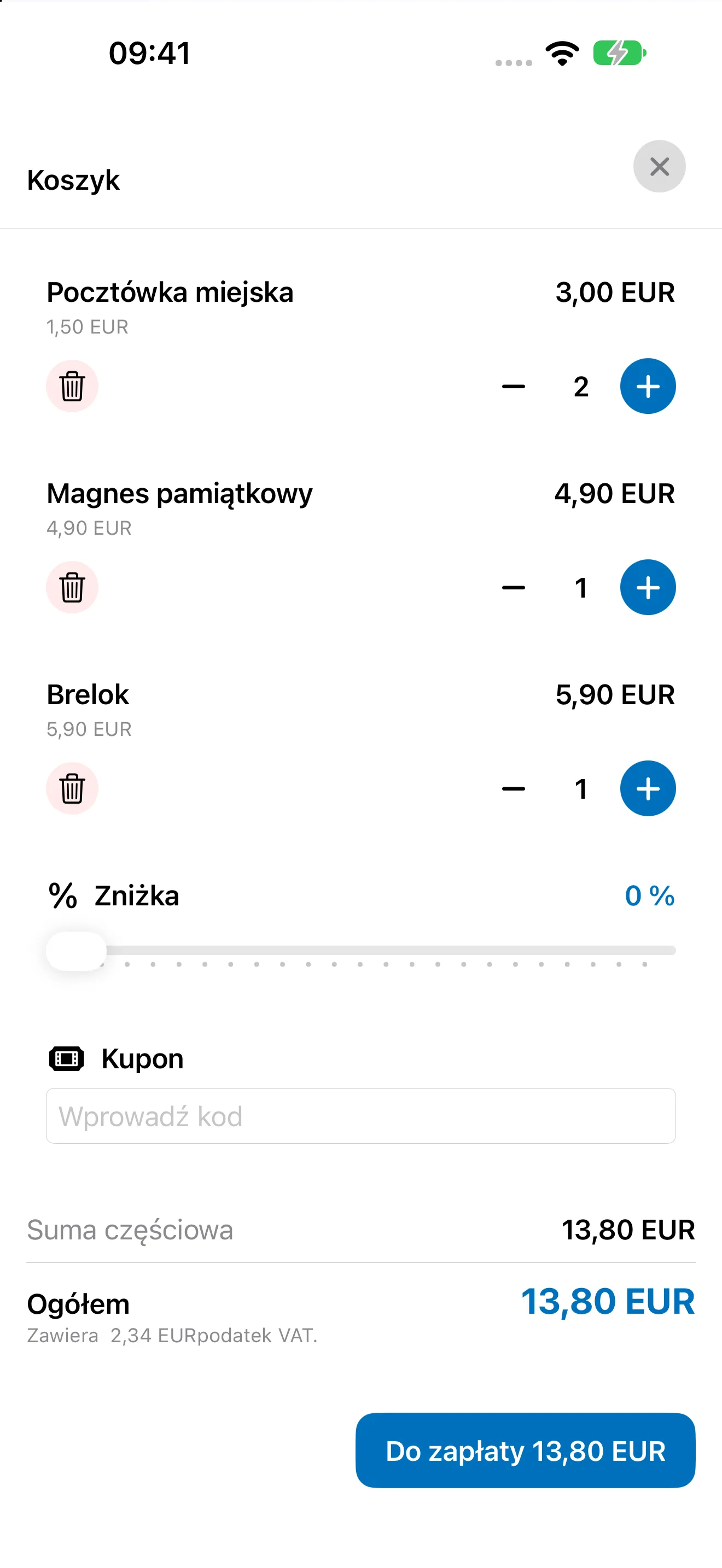 Koszyk Bookyt na iPhonie z ilościami, rabatem, bonem i sumą