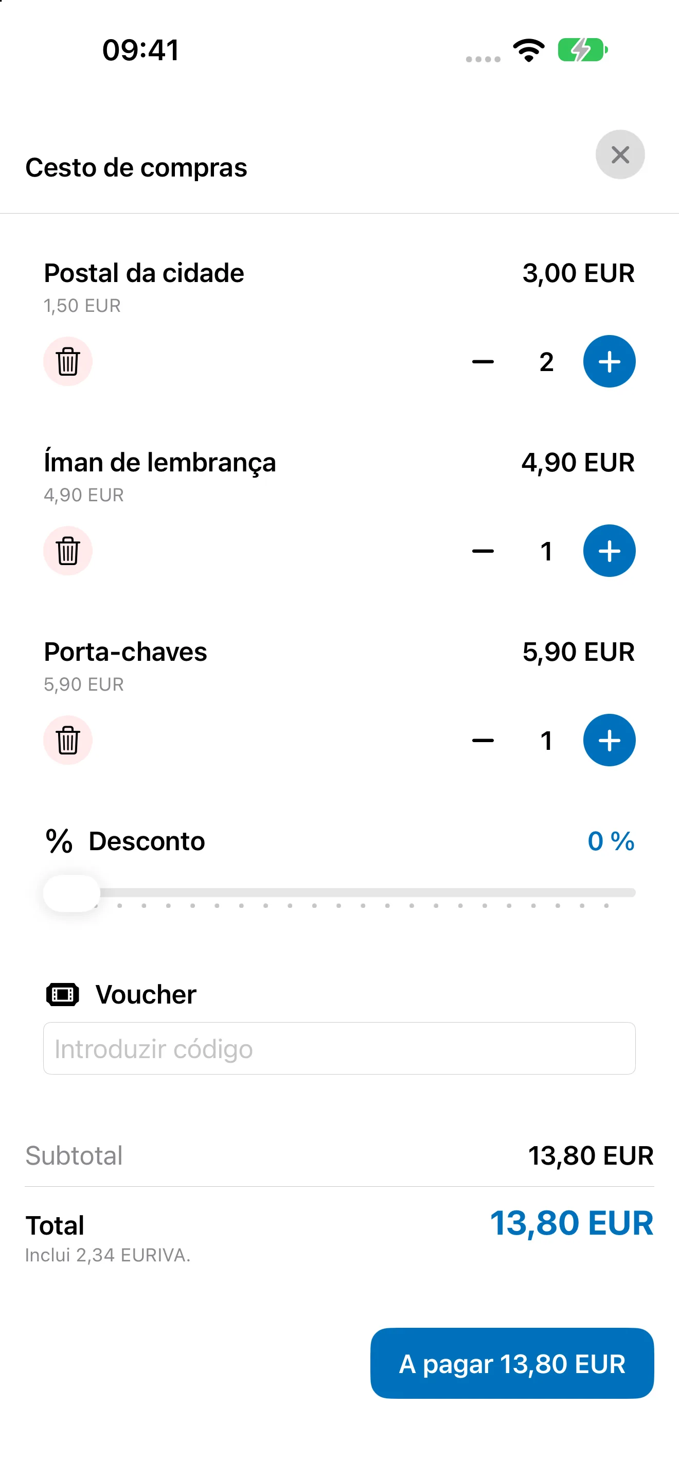 Carrinho Bookyt no iPhone com quantidades, desconto, vale e total