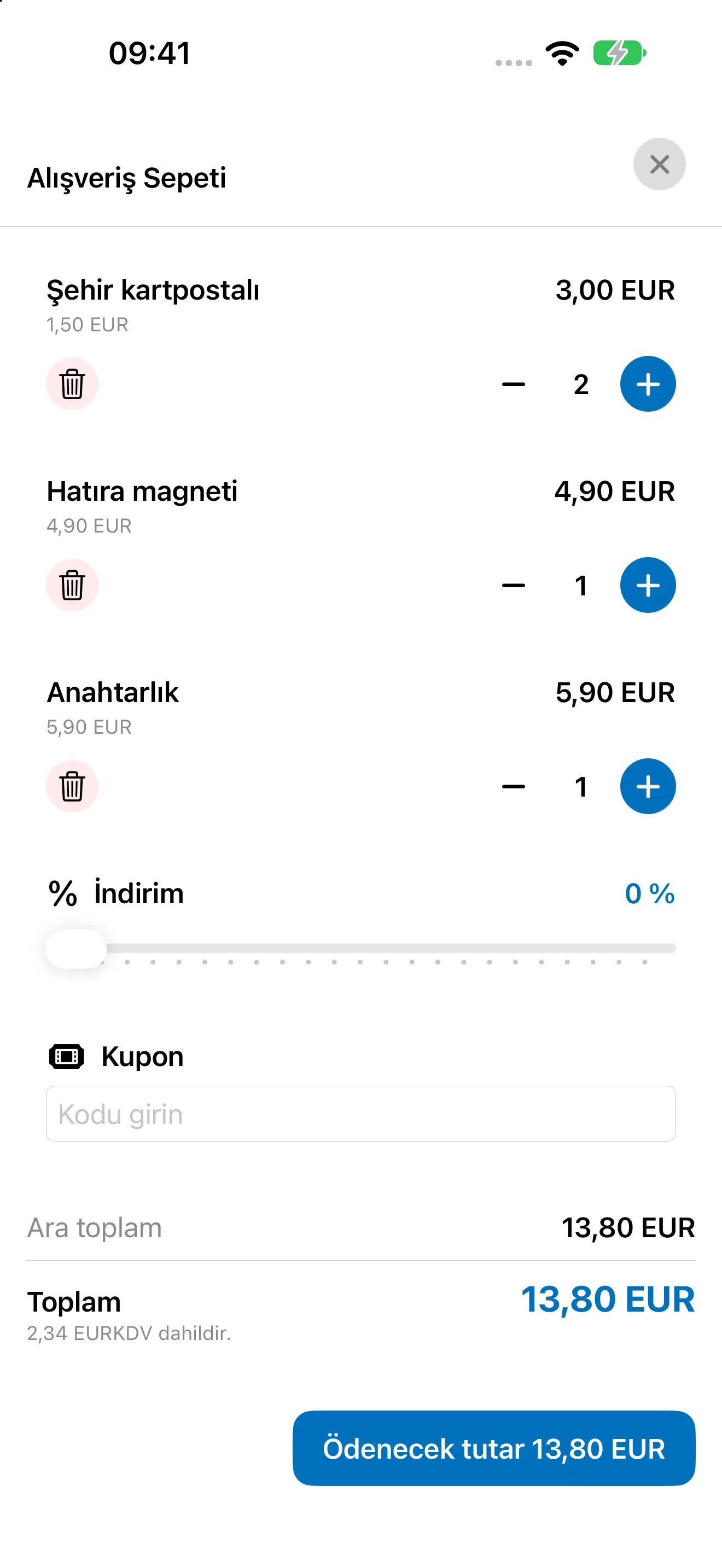 iPhone&rsquo;da adetler, indirim, kupon ve toplam g&ouml;sterilen Bookyt sepeti