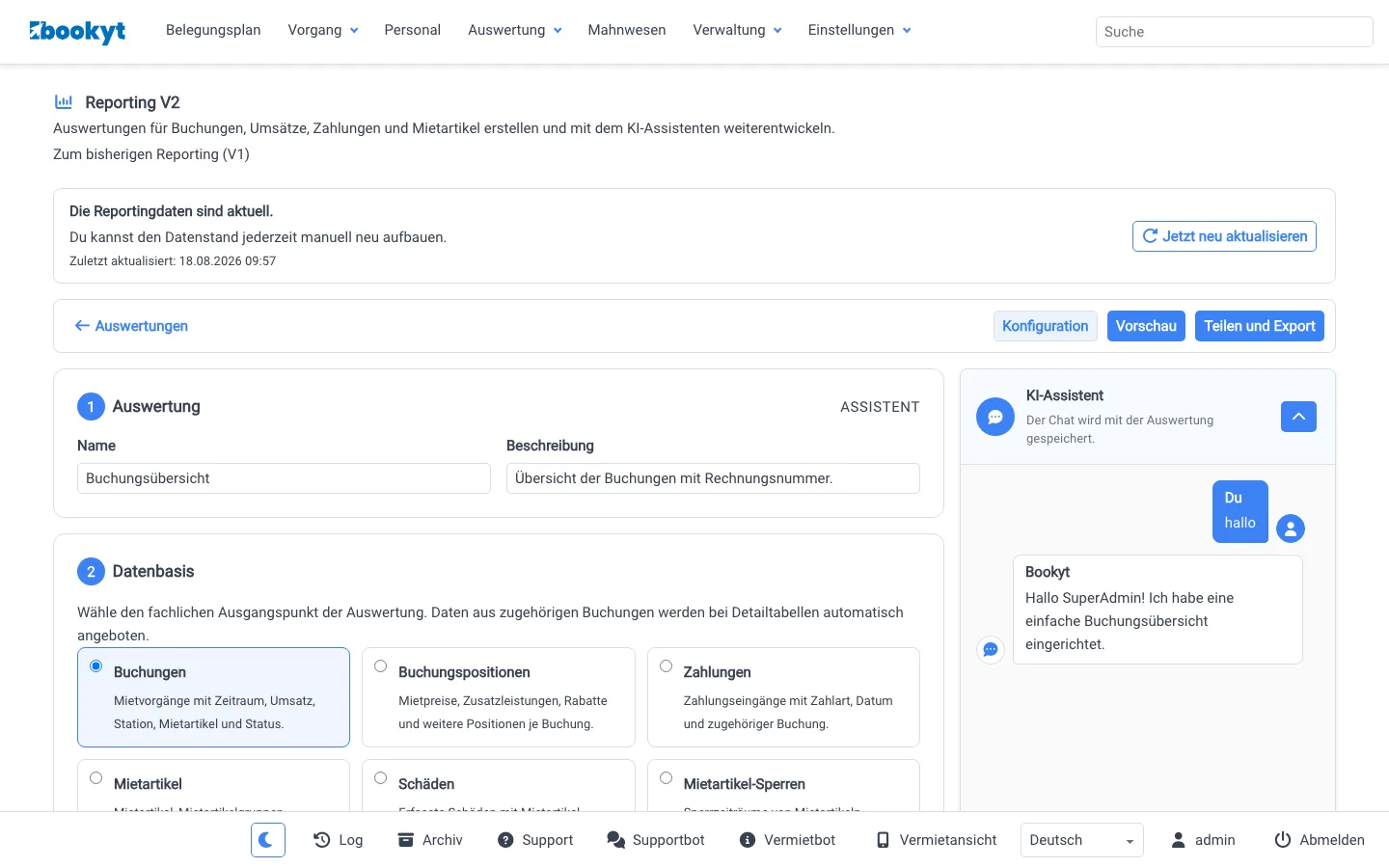 Buchungs&uuml;bersicht als Datengrundlage im Bookyt Reporting