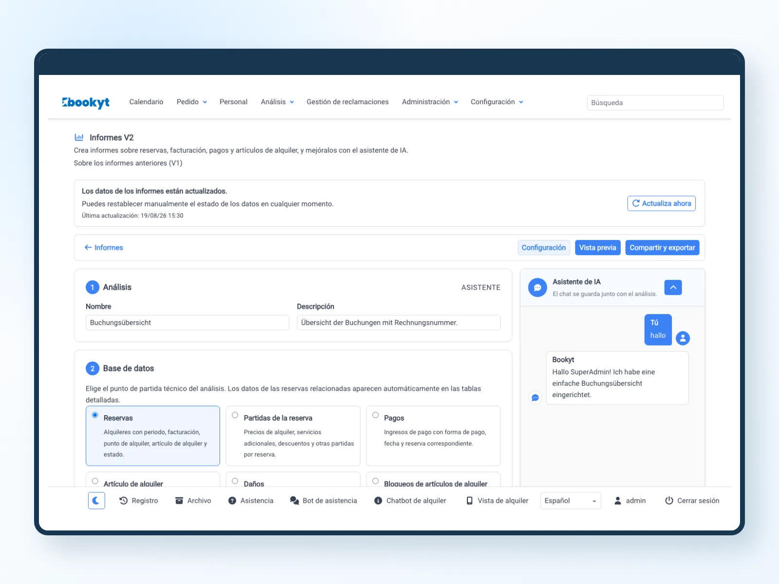 Resumen de reservas como base de datos para los informes de Bookyt