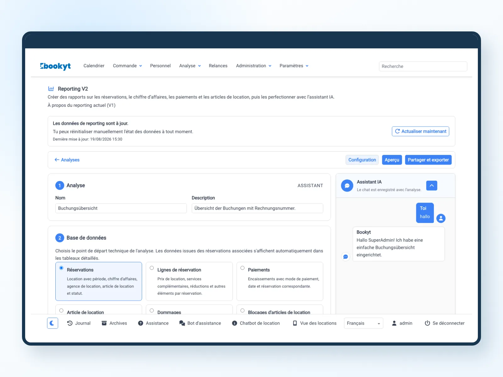 Aper&ccedil;u des r&eacute;servations comme base de donn&eacute;es pour le reporting Bookyt