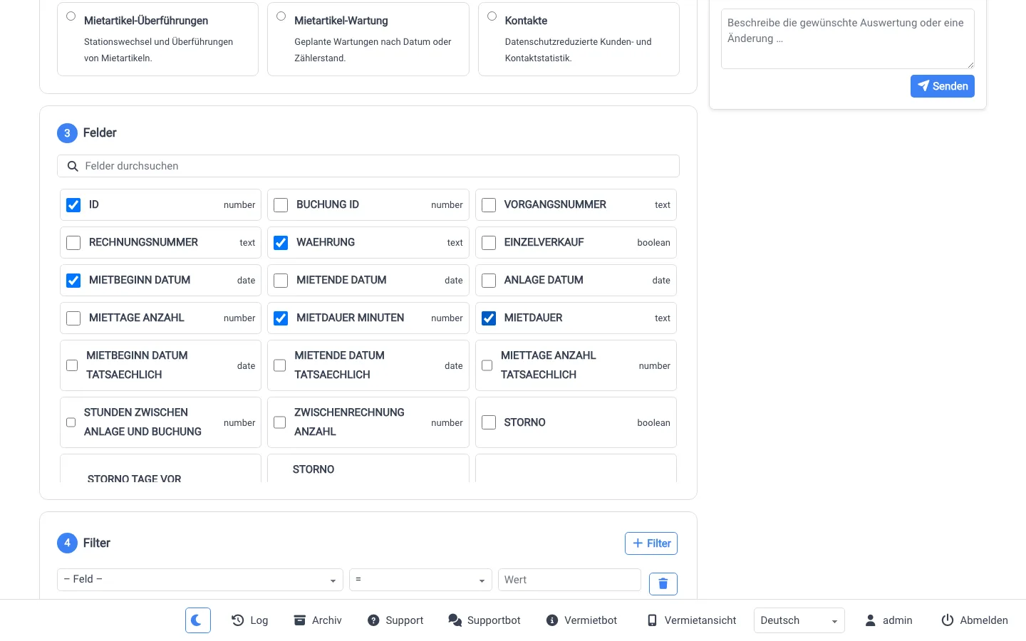 Feldsuche und Filterdefinition im Bookyt Reporting
