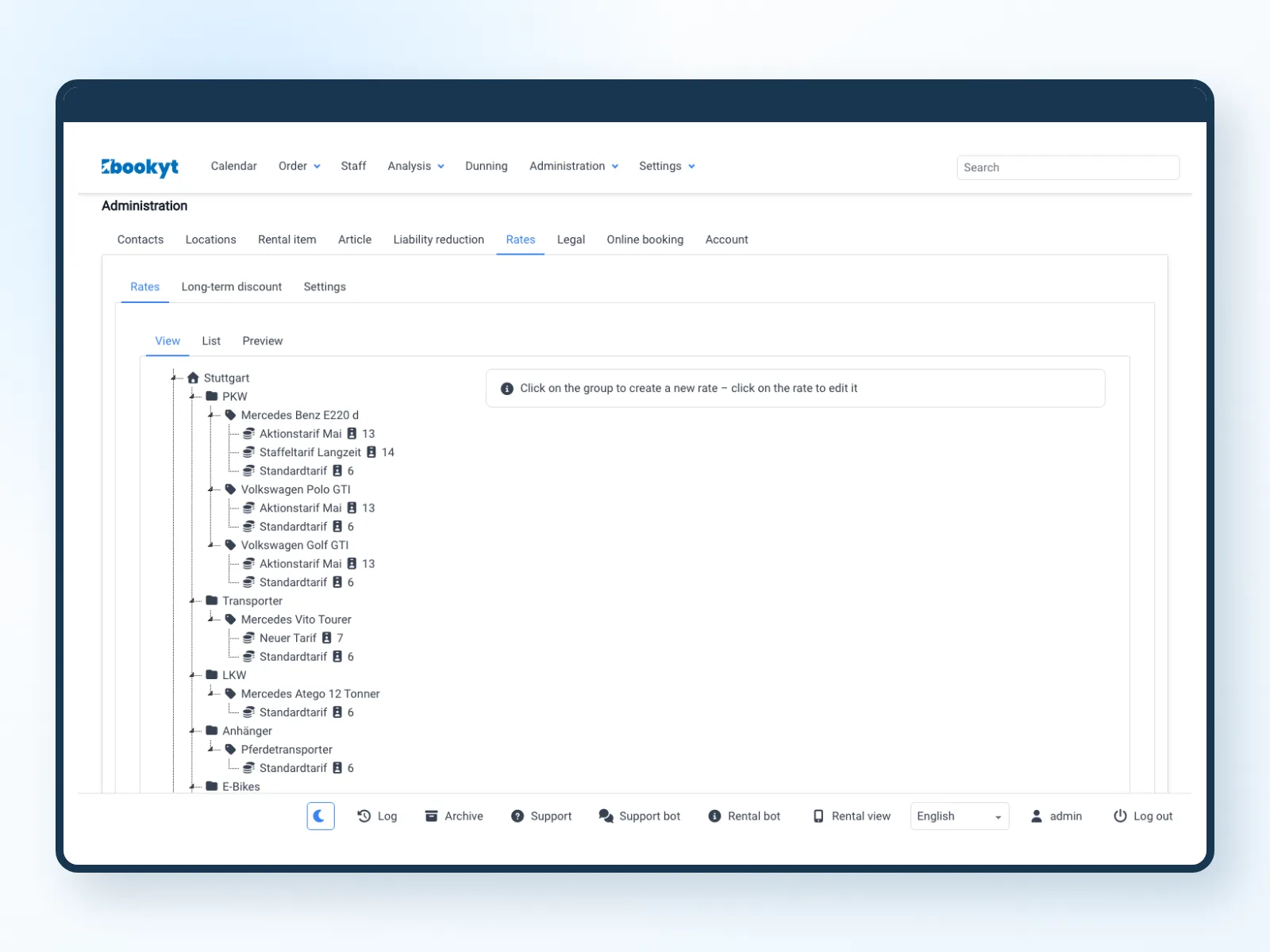 Rate structure for locations, categories and rental items in Bookyt