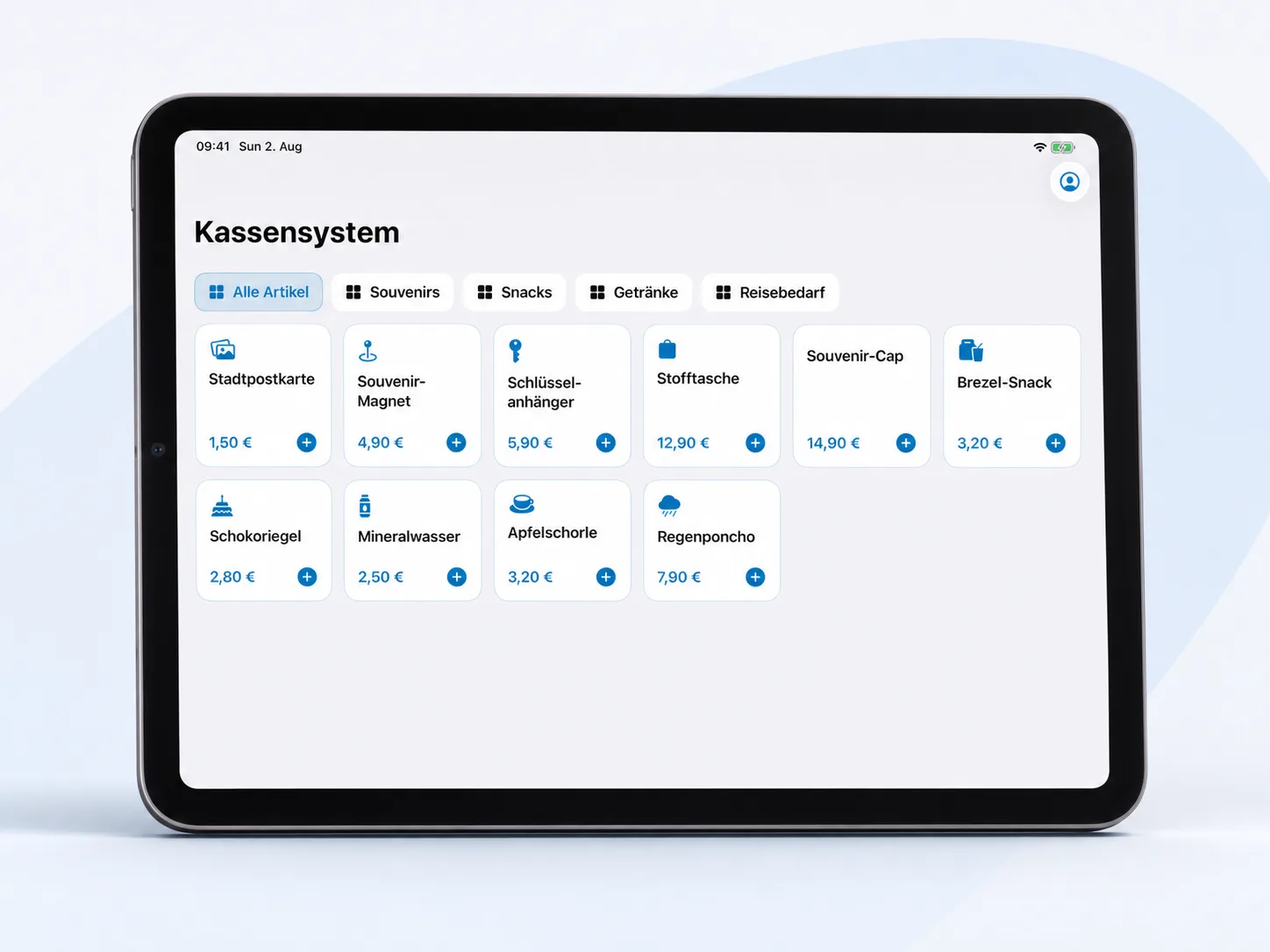 Bookyt Kassensystem mit Verkaufsartikeln in einem iPad-Rahmen