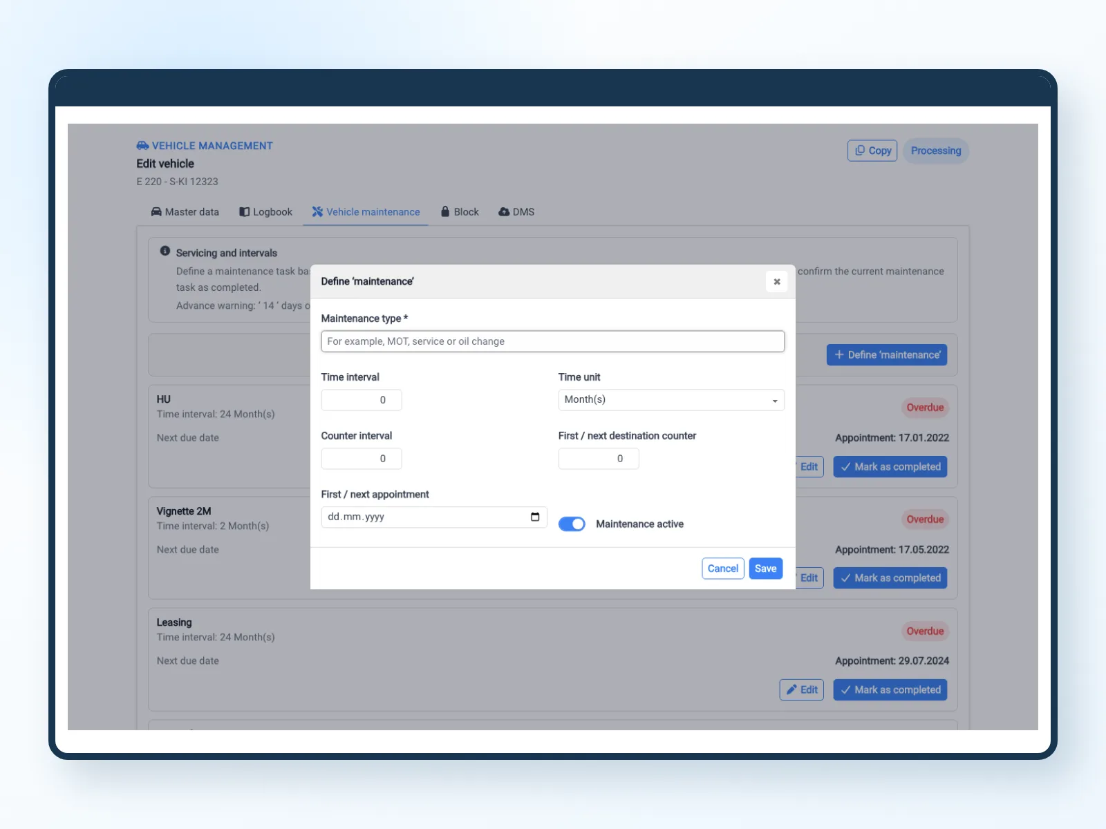 Define maintenance type, time interval and meter interval in Bookyt
