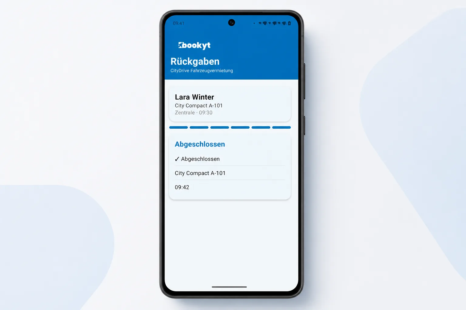 Abgeschlossene R&uuml;ckgabe in der Bookyt App in einem Android-Smartphone-Rahmen