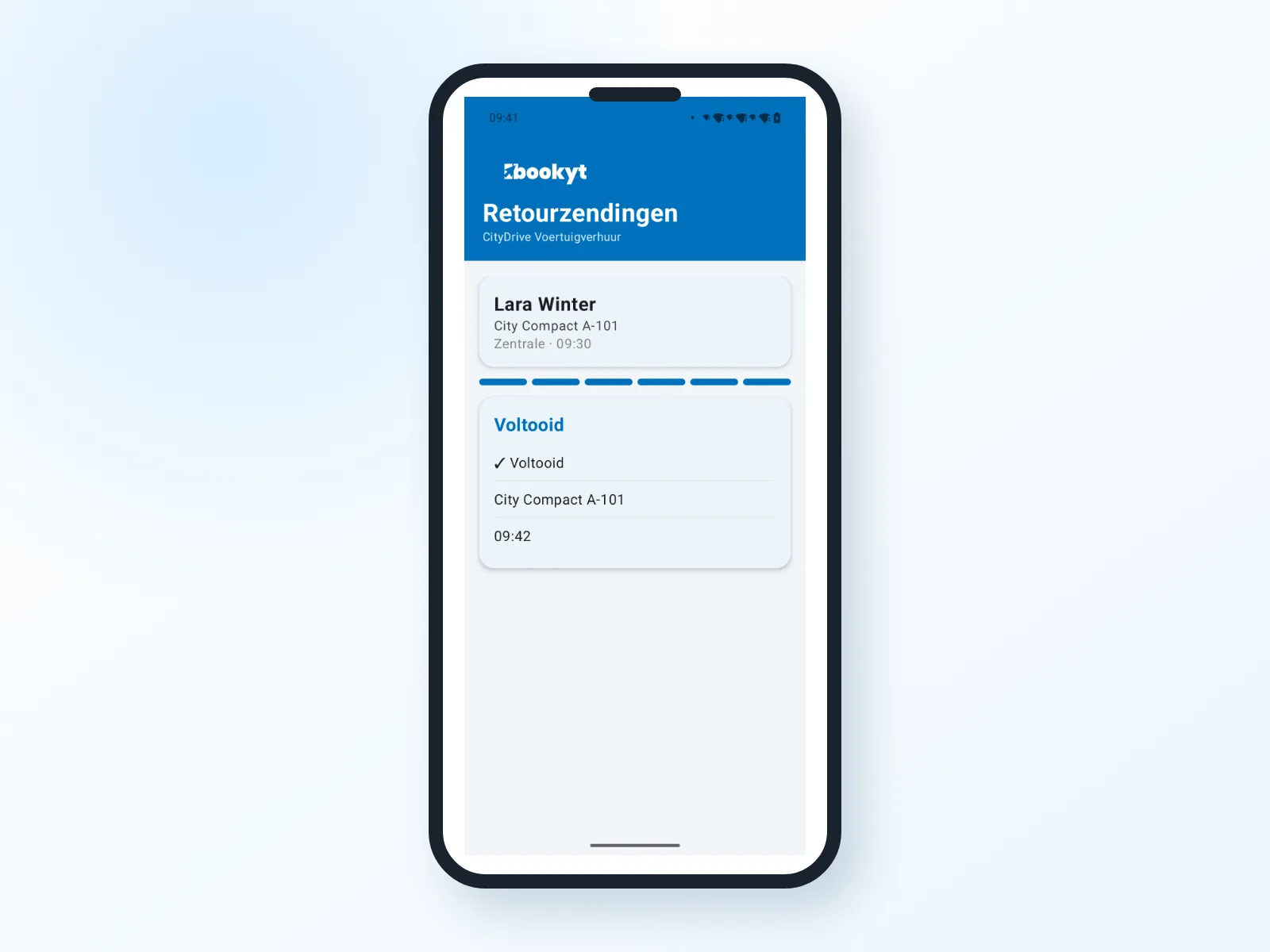 Voltooide teruggave in de Bookyt-app, weergegeven in een Android-smartphoneframe