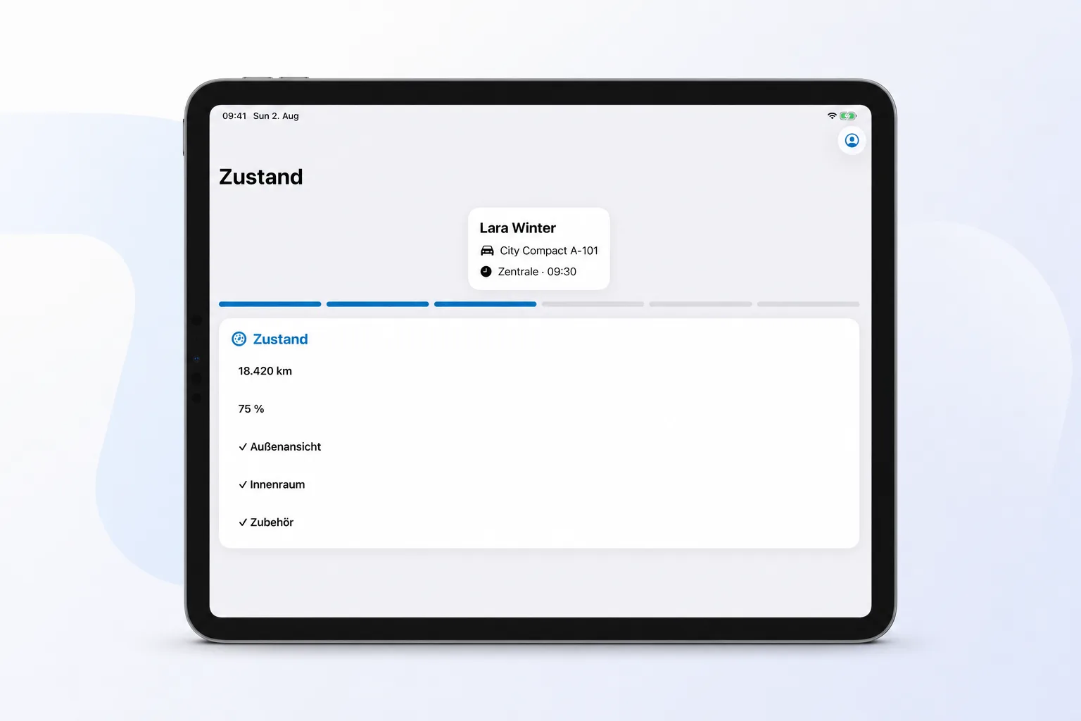 Zustandscheck bei der &Uuml;bergabe in der Bookyt App in einem iPad-Rahmen