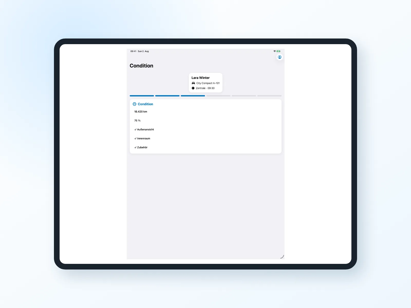 Condition check at handover in the Bookyt app, shown in an iPad frame