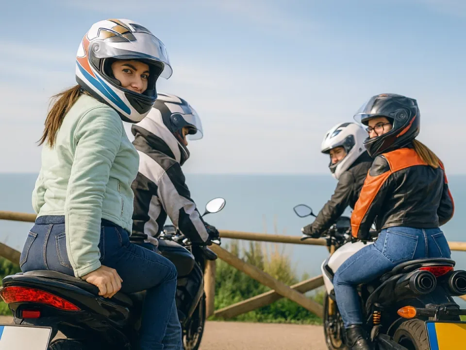 Gruppe mit Mietmotorr&auml;dern vor einer gemeinsamen Tour