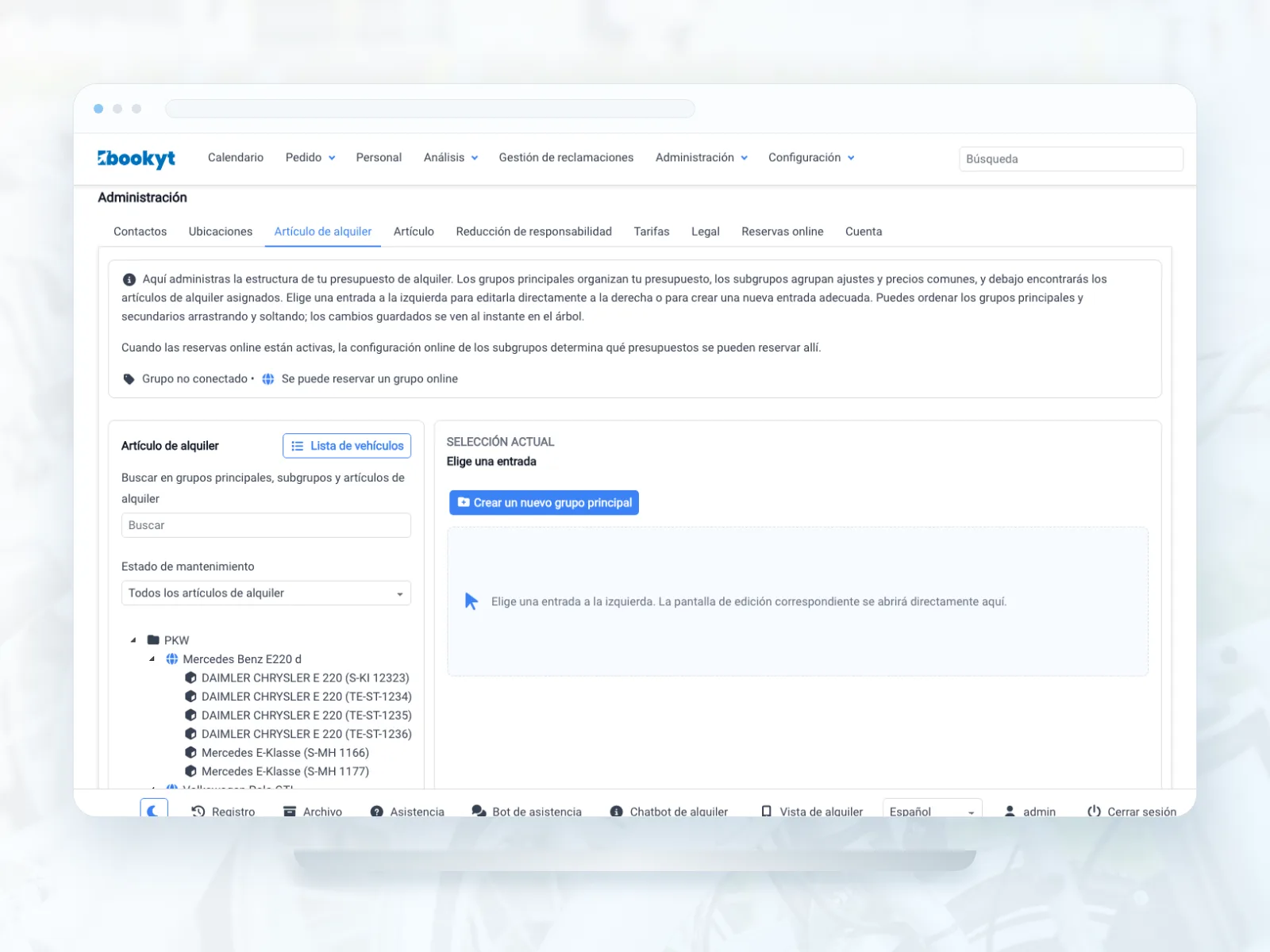 Vista de inventario y veh&iacute;culos en Bookyt