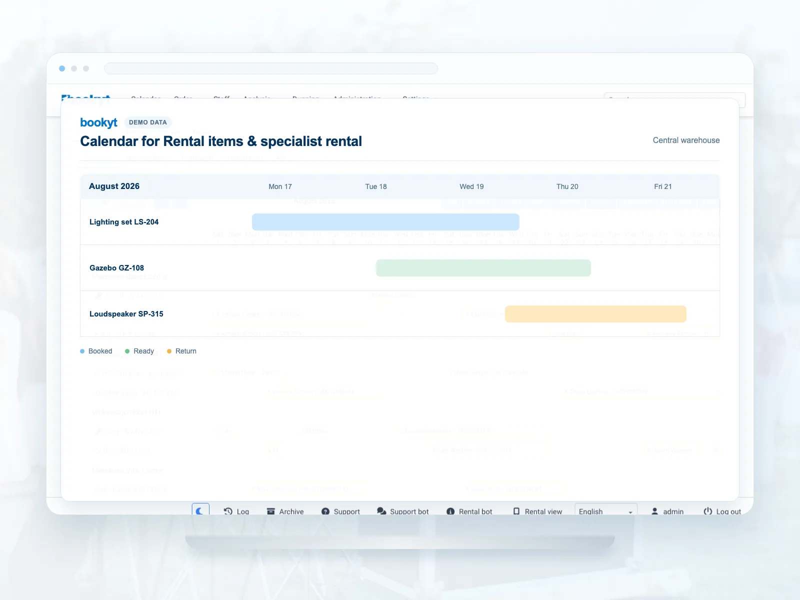 Rental items, bookings and flexible rental periods in the Bookyt Calendar