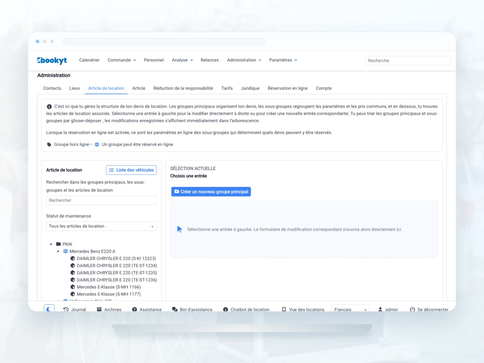 Gammes, variantes et articles de location pr&eacute;cis dans Bookyt