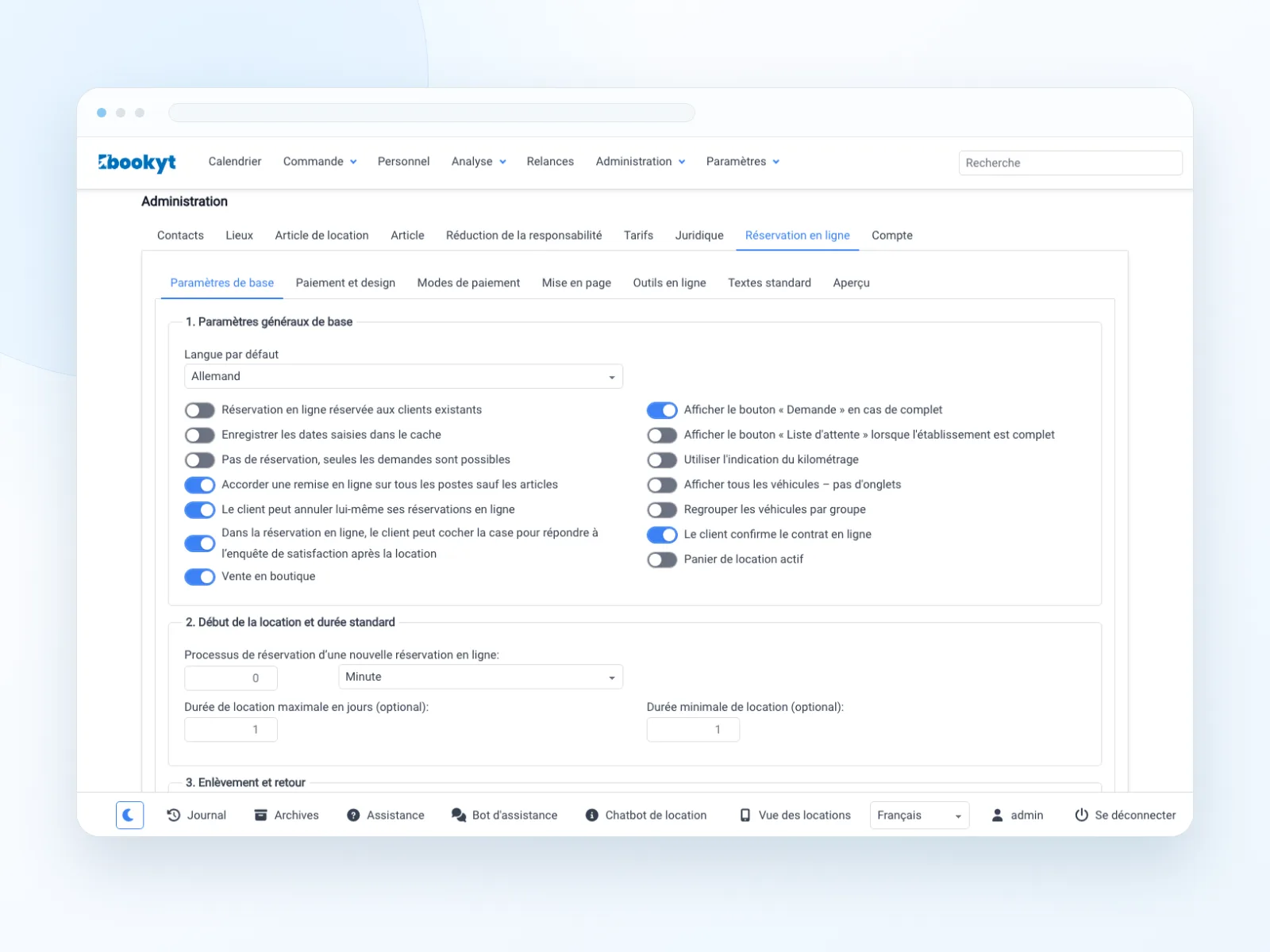 R&eacute;servation en ligne avec article de location, p&eacute;riode de location, prix et services compl&eacute;mentaires