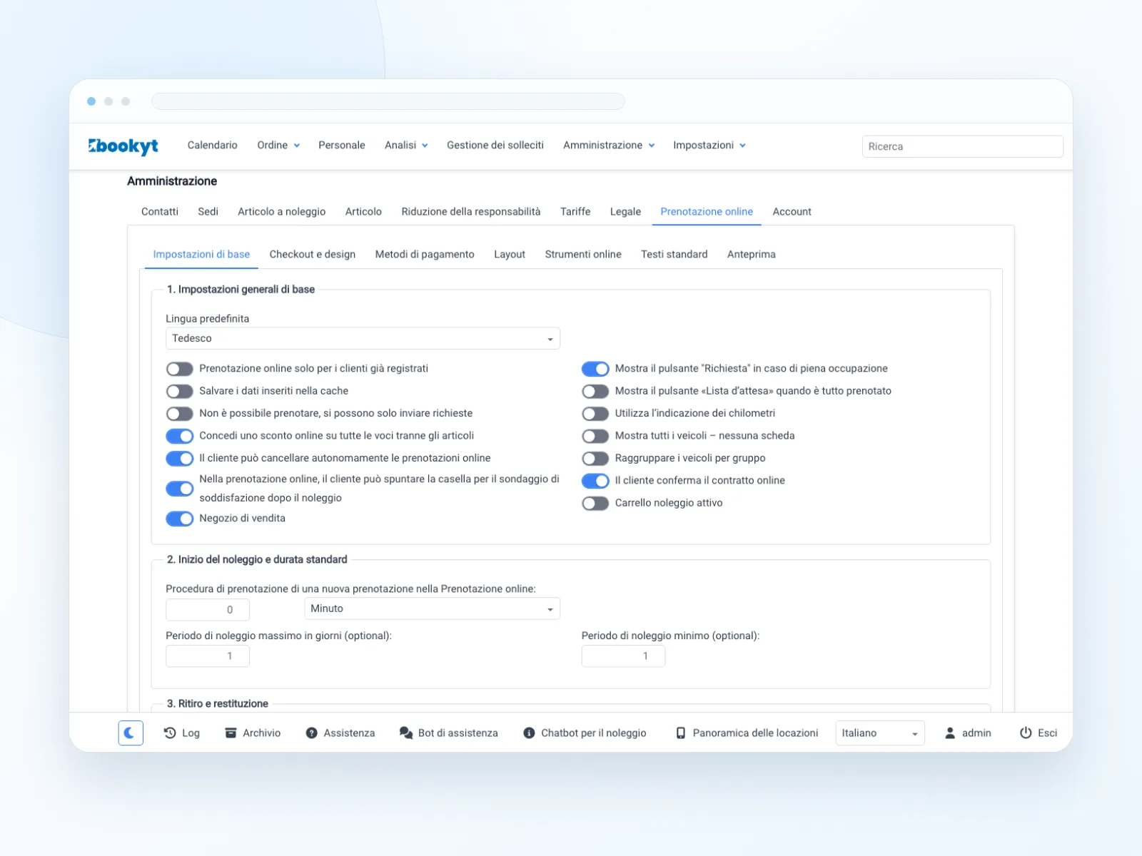 Prenotazione online con articolo a noleggio, periodo di noleggio, prezzo e servizi aggiuntivi