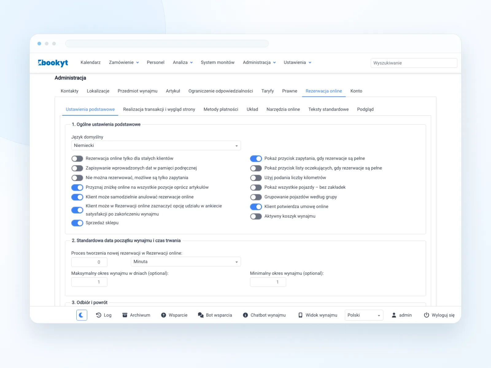 Rezerwacja online z przedmiotem wynajmu, okresem wynajmu, ceną i usługami dodatkowymi