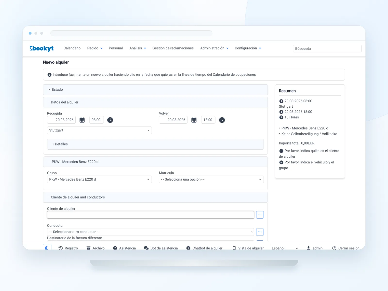 Alquiler centralizado de Bookyt con cliente, art&iacute;culo de alquiler, per&iacute;odo y servicios