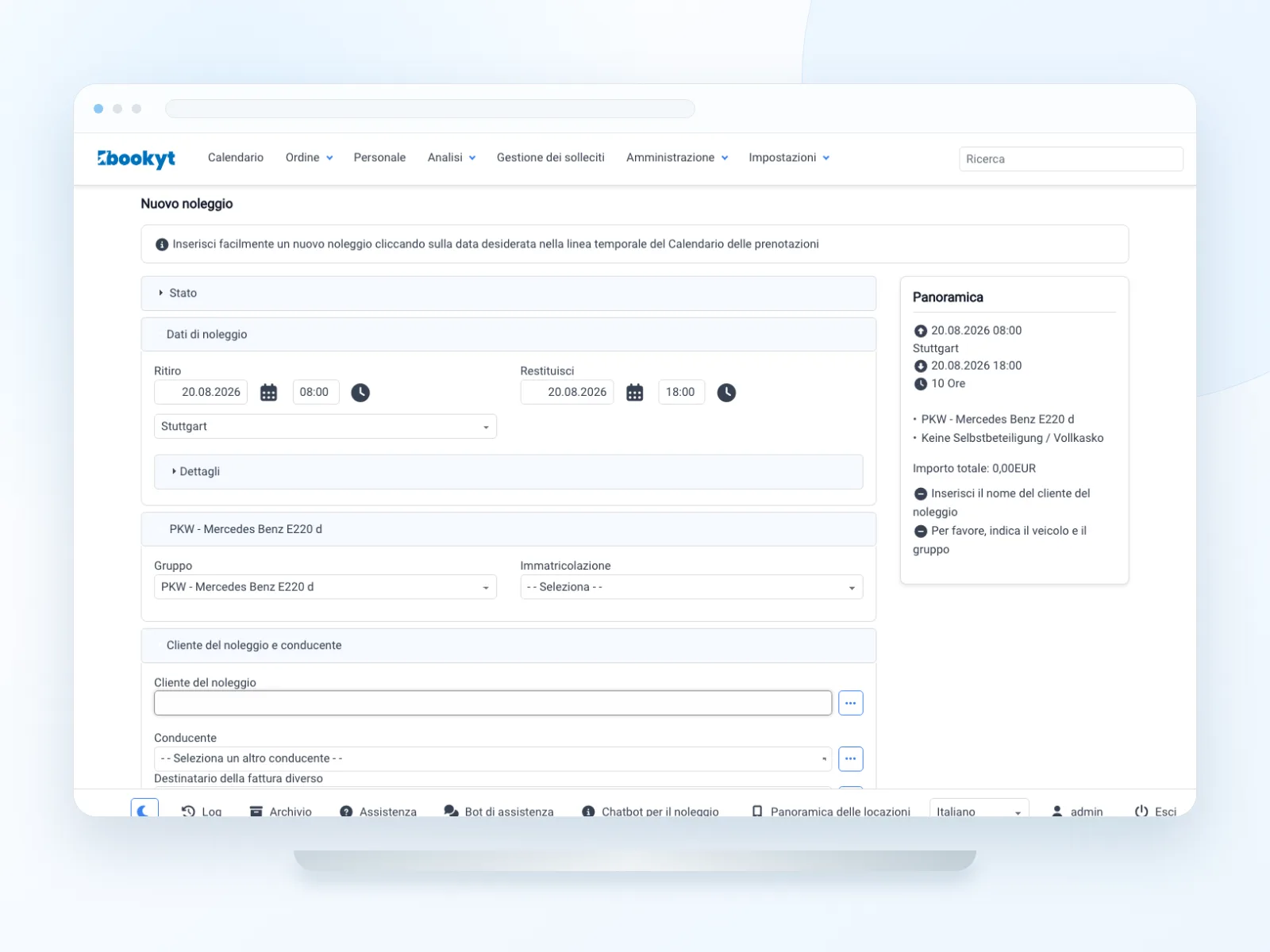 Pratica di noleggio Bookyt centralizzata con cliente, articolo a noleggio, periodo e servizi