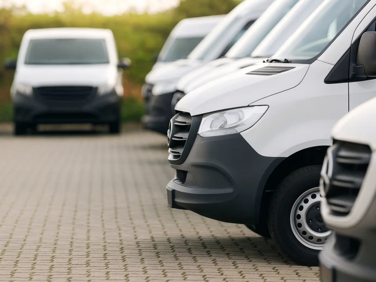Wei&szlig;e Miettransporter auf einem Parkplatz