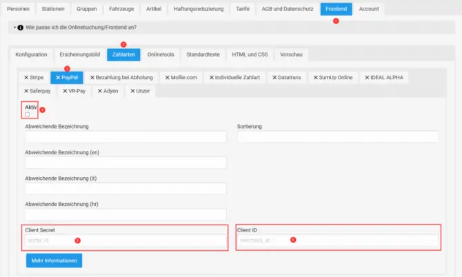 Hier werden die PayPal Keys bei bookyt eingegeben