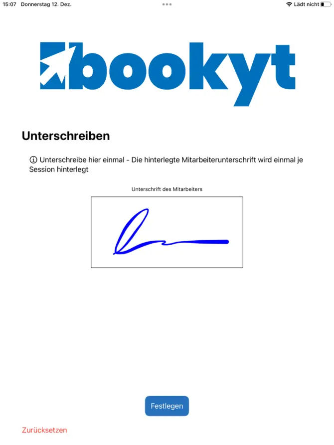 Login in der bookyt App - Unterschrift des Mitarbeiters