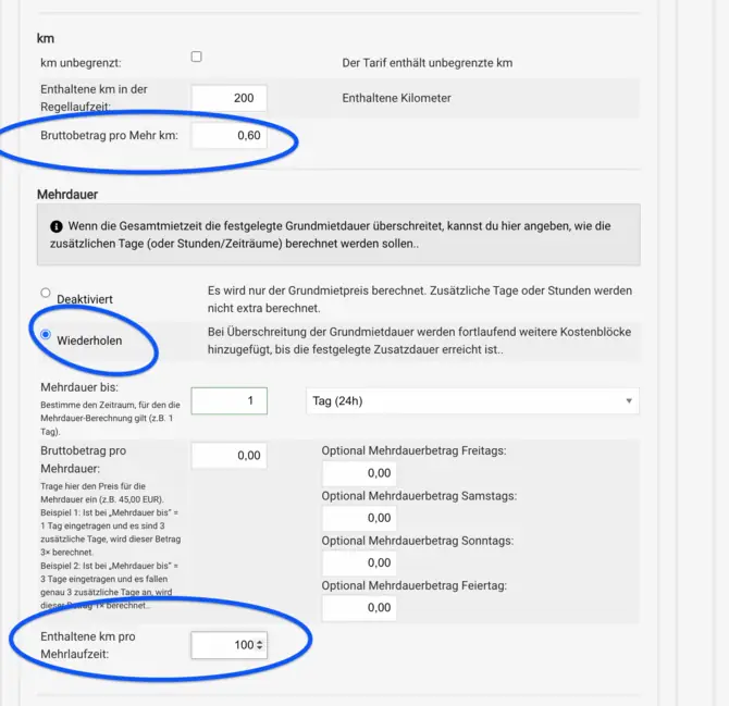 Mehrdauer aktivieren und Kilometerberechnung