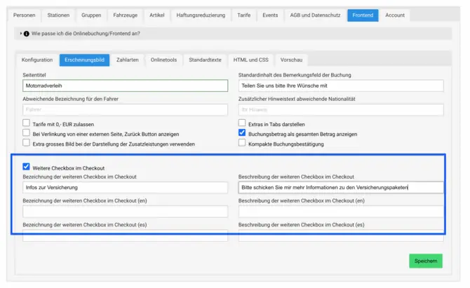 Optionale Checkbox für Onlinebuchungen