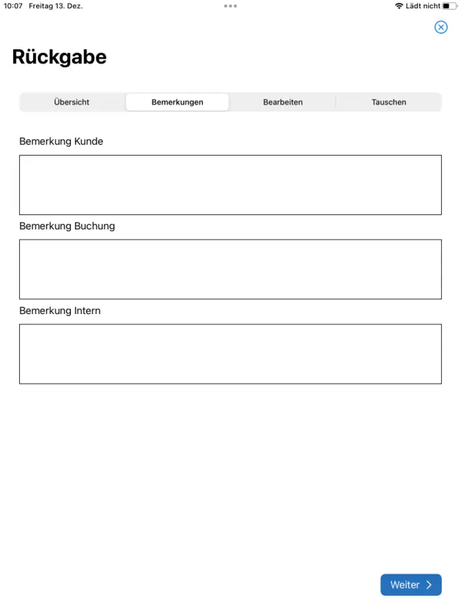 Rückgabe in der App - Bemerkungsfelder