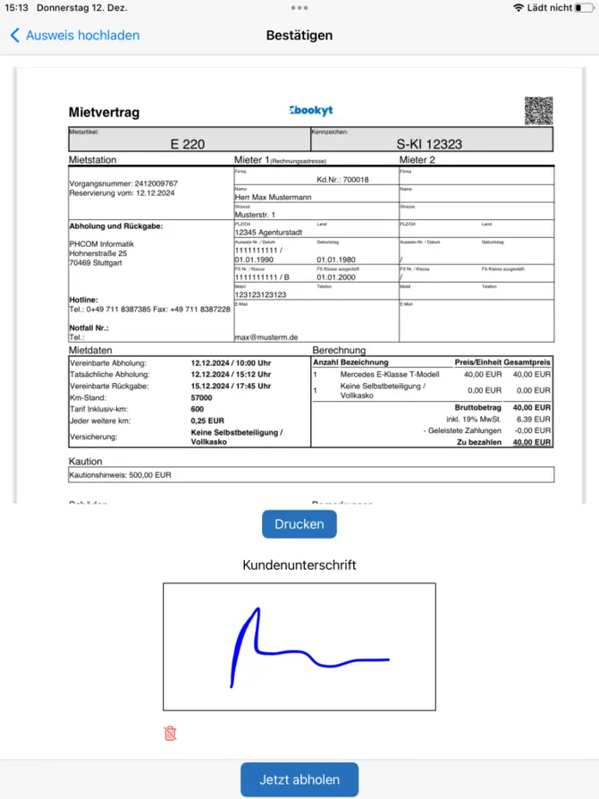 Rückgabe in der App - Unterschrift und Mietvertrag
