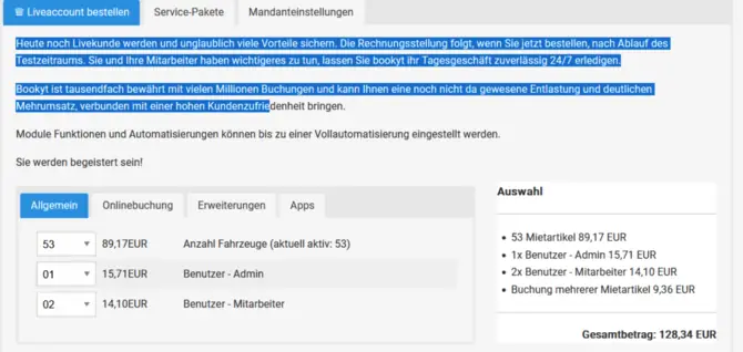 Testaccount-Bestellung und monatliche Beträge